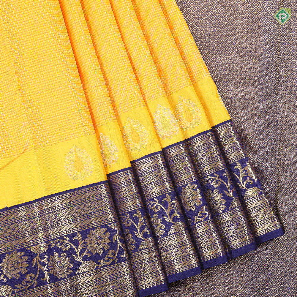 Mango yellow honey orange gold zari micro checks design Contrast Blue gold zari meena work border Traditional silk saree