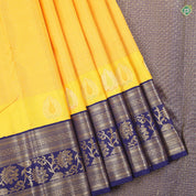 Mango yellow honey orange gold zari micro checks design Contrast Blue gold zari meena work border Traditional silk saree