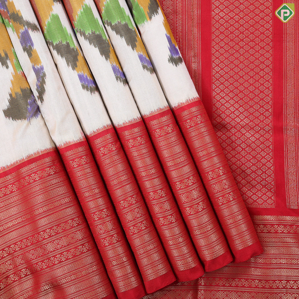 Cream white multicolor elephant ikkat design rani red gold zari multi lines border ikkat silk saree