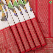 Cream white multicolor elephant ikkat design rani red gold zari multi lines border ikkat silk saree