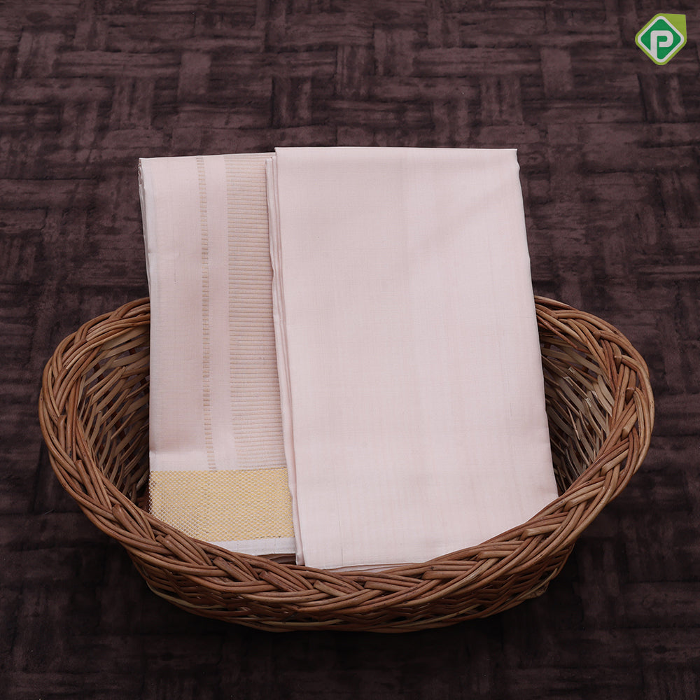 Peach onion gold zari micro diamond border 8*4 Dhoti 3 in 1 Vesti Set