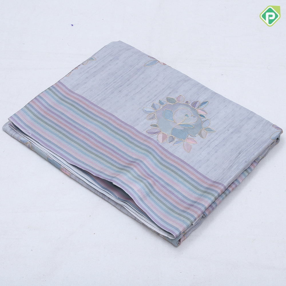 Pastel natural color zari flower design multi color line border semi tusser saree