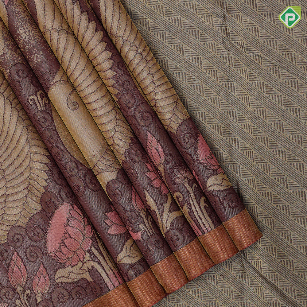 Cream base multicolor swimming duck in waterpot rust color gold zari tissue border contemporary silk saree