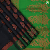 Black with copper zari fancy butta design contrast green copper zari border padded border soft silk saree