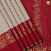cream white gold zari vairaoosi checks design rani red gold zari kamadenu butta pichwai border traditional silk saree