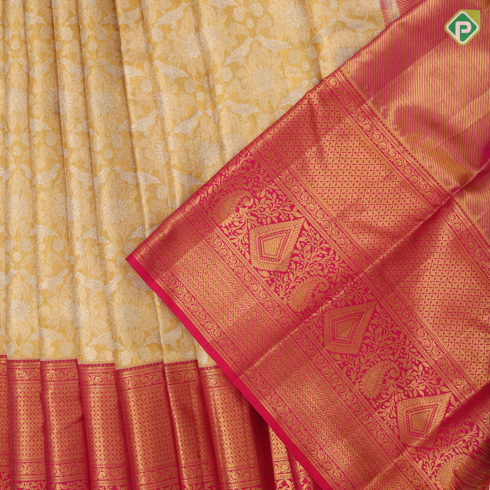 Gold And silver zari by zari tissue grand floral design rani pink gold zari rich high border pattu paavadai lehanka