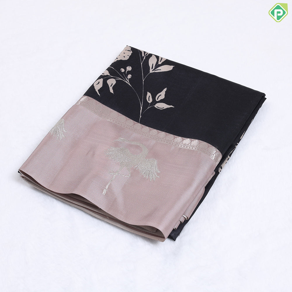 Black Colour With Cream Big flower Bunch Design Fancy Tusser saree