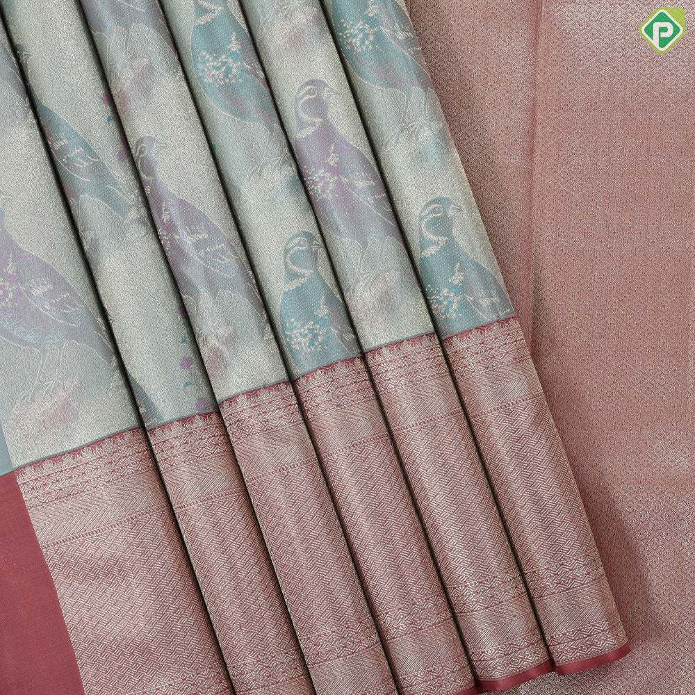 Pista green zari silk thread dove on branch painting inspired onion pink silver gold zari spin border trendy tissue saree