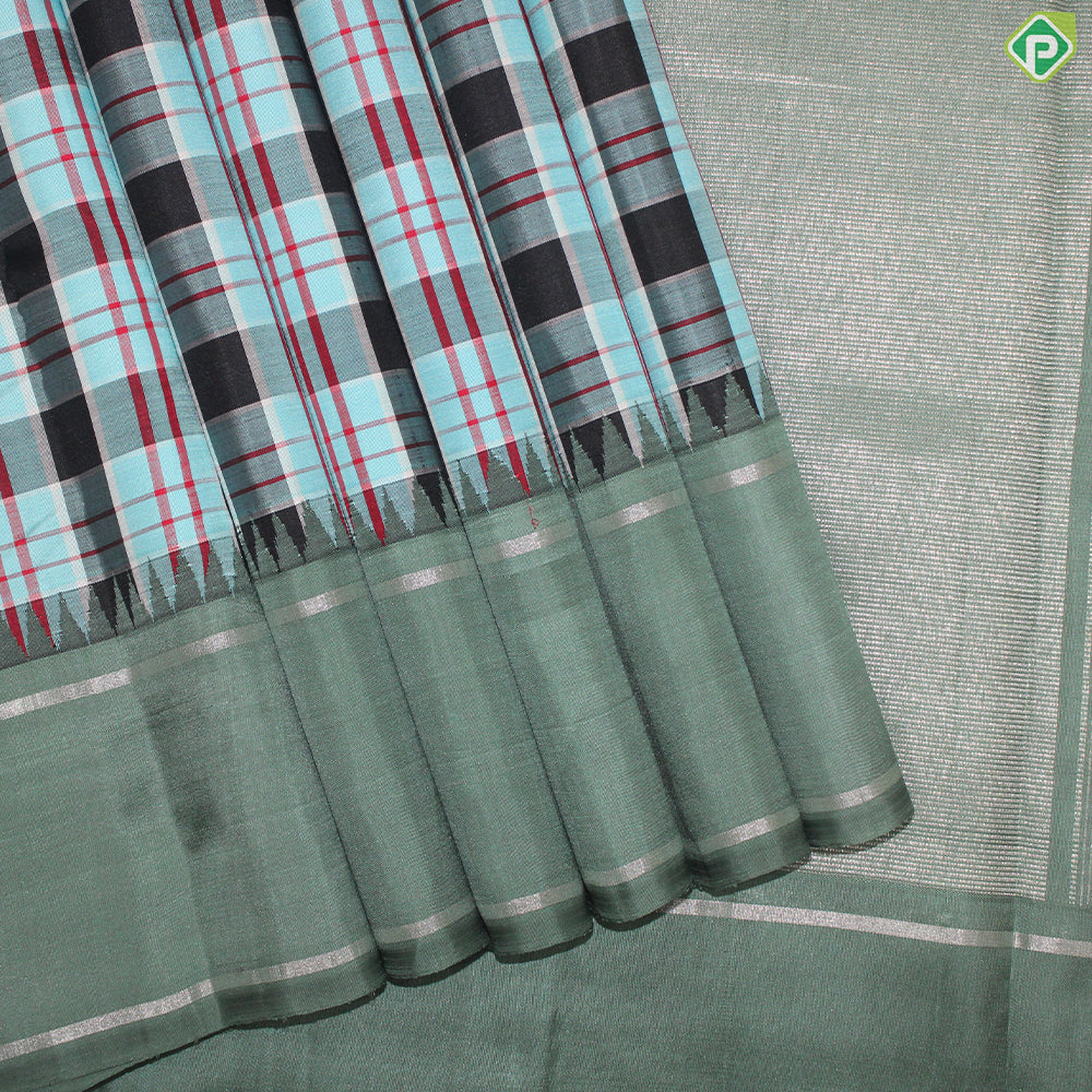 Aqua Blue With Multi Colour Checks Design Cardamom Green Border Traditional Silk Saree
