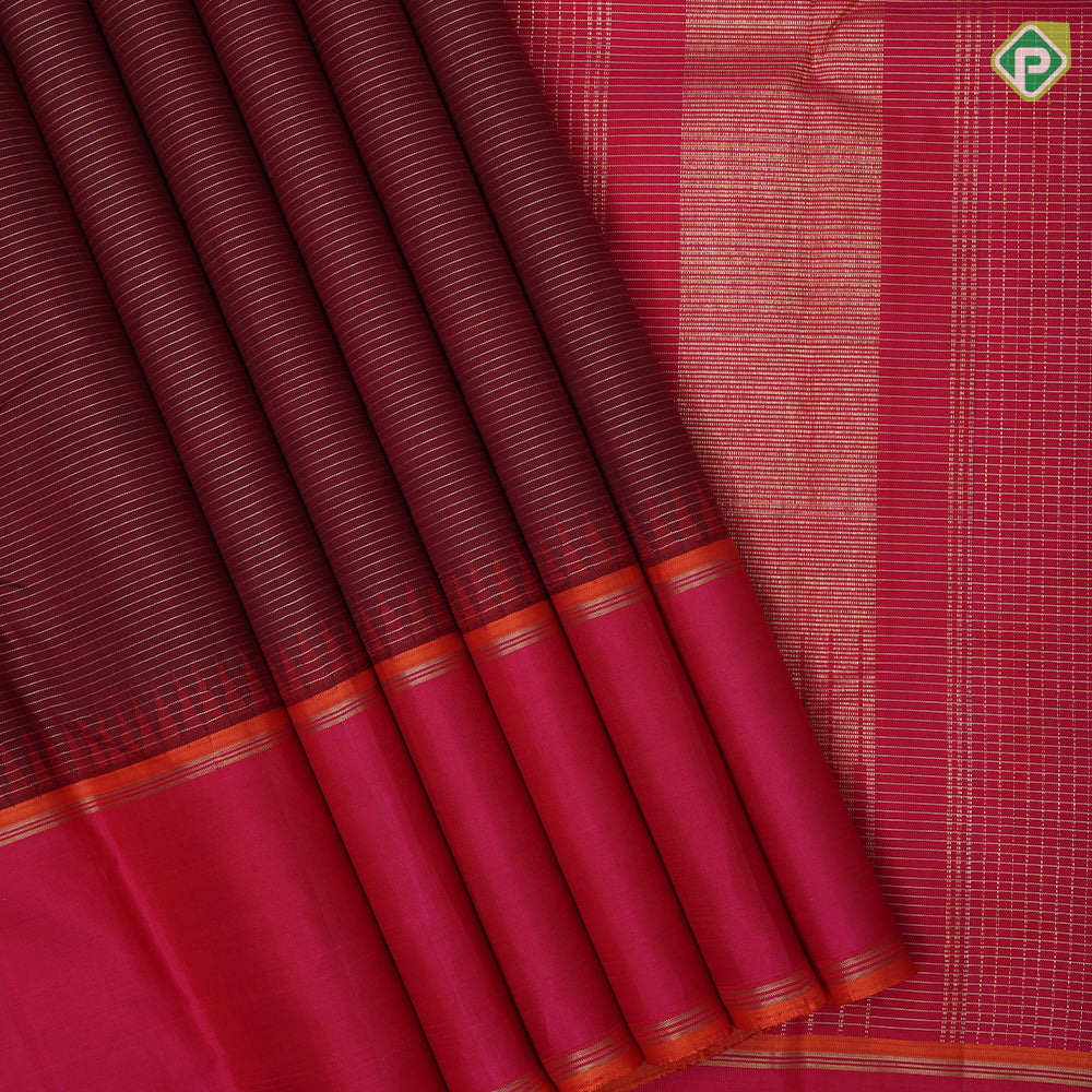 Maroon gold zari vairaoosi lines design rani pink orange and gold zari padded temple border traditional silk saree