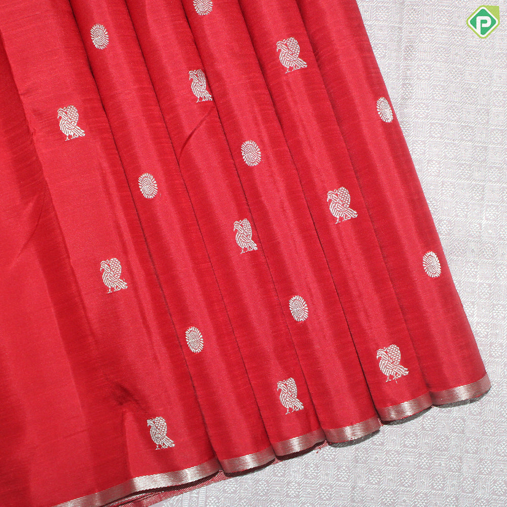 Sendoram Red Silver Zari Peacock Chakra Butta Silver Zari Edge Border Traditional Silk Saree
