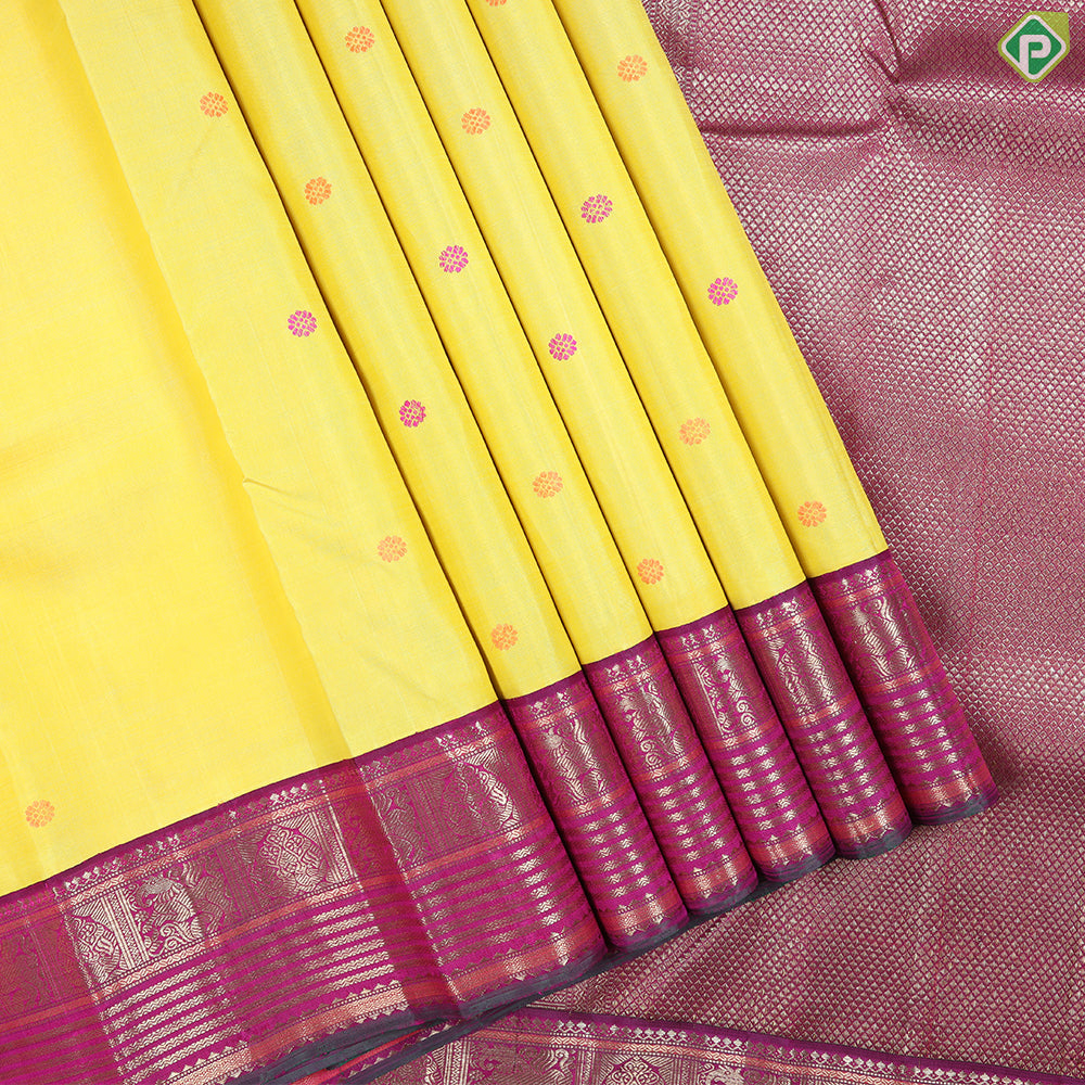 Corn Yellow Silk Thread Butta Design Rani Pink Korvai Border Traditional Silk Saree