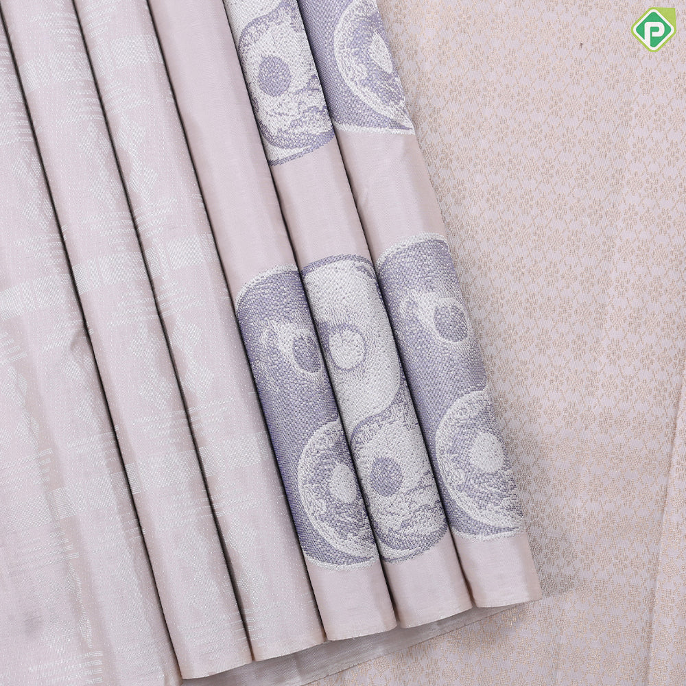 Pinkish cream silver zari ying yang concept inspired borderless signature edition silk saree