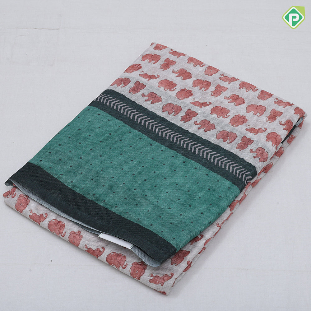 White Based Small Elephant Motif Contrast Border Arrow And Dart Design Fancy Cotton Saree