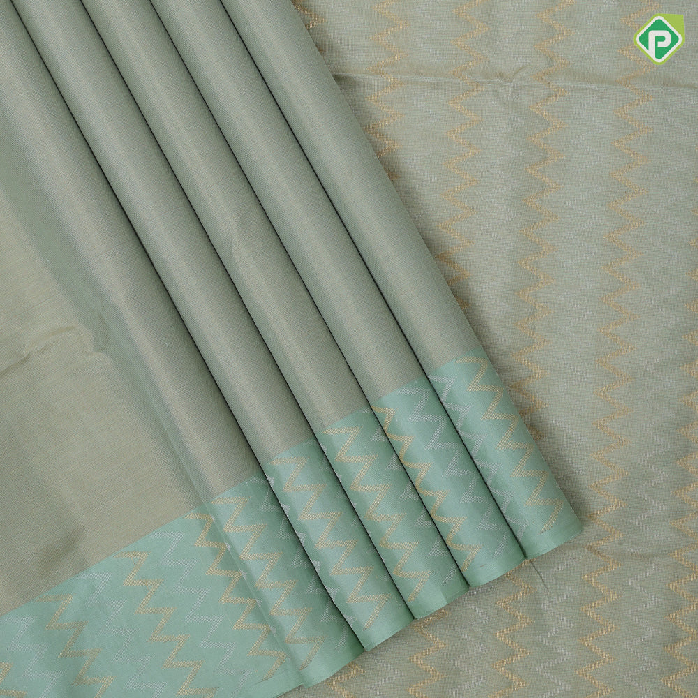 Mint green gold zari by zari tissue weaved design sage green plain border grand pallu soft silk saree