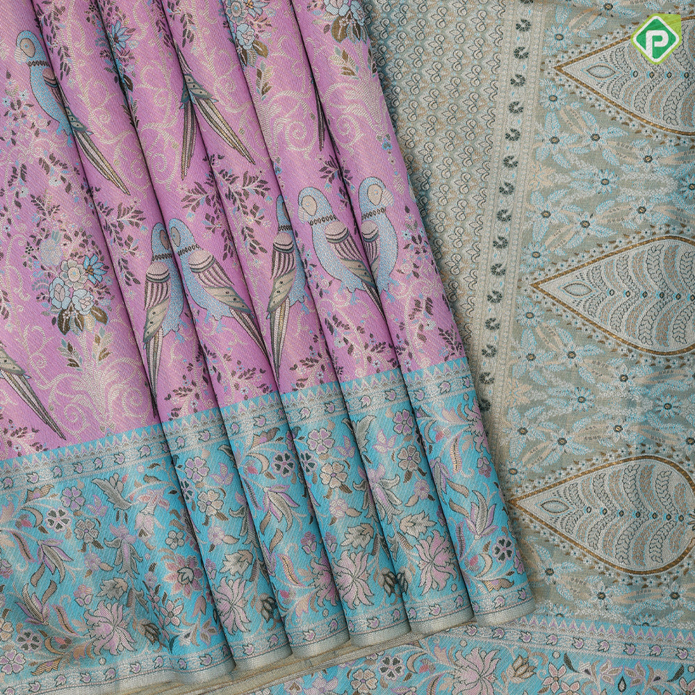 Lavender gold zari double parrot and flower design sea green floral design border meena work tissue silk saree
