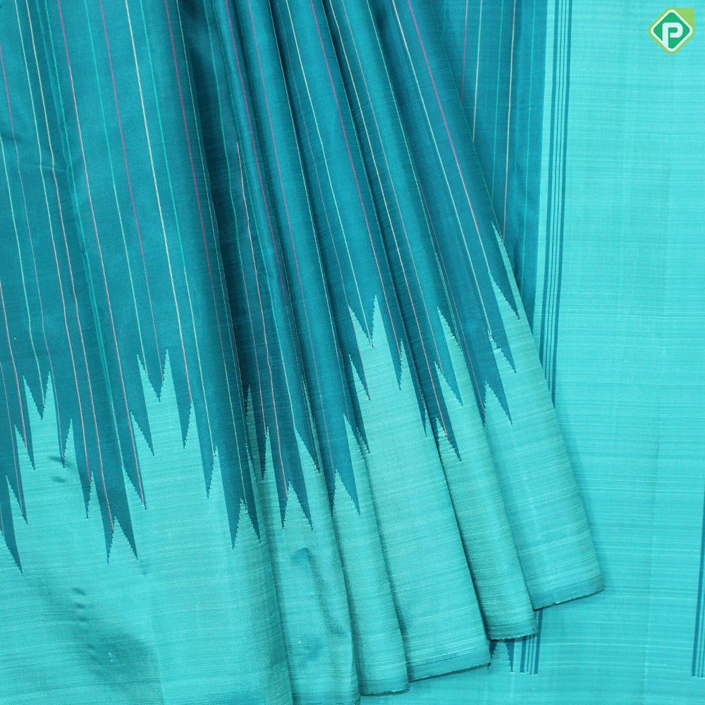 Emarald Green Multi Colour Stripes And Thazampoo Design Temple Border Traditional Silk Saree