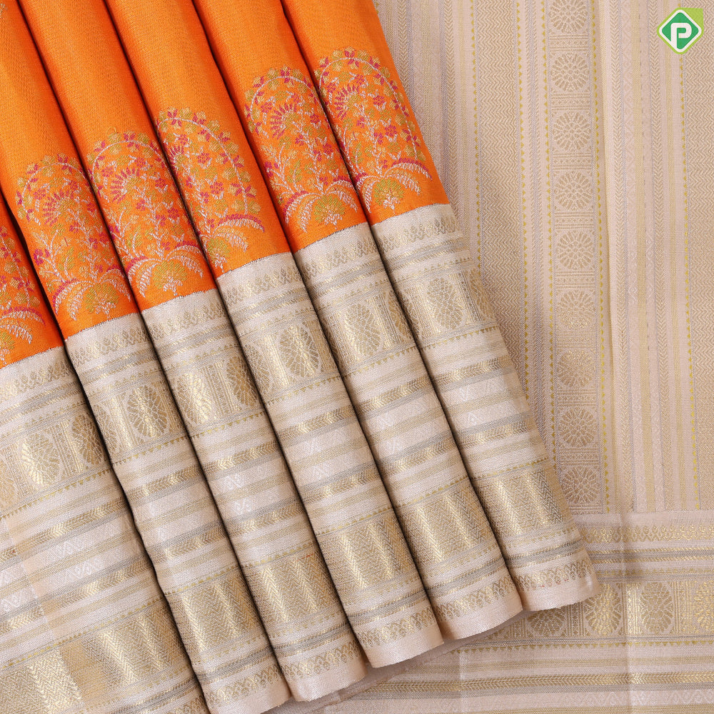 Honey orange thilagam butta meena work padded cream white border retro traditional silk saree