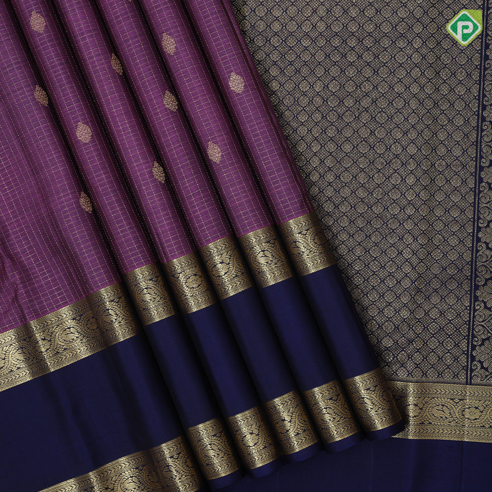 Wild Berry Gold Zari Checked And Small Motif Royal Blue Peacock Border Design Traditional Silk Saree