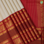 Half White gold zari rope checked design rani red gold zari peacock butta and thread work long border traditional silk saree