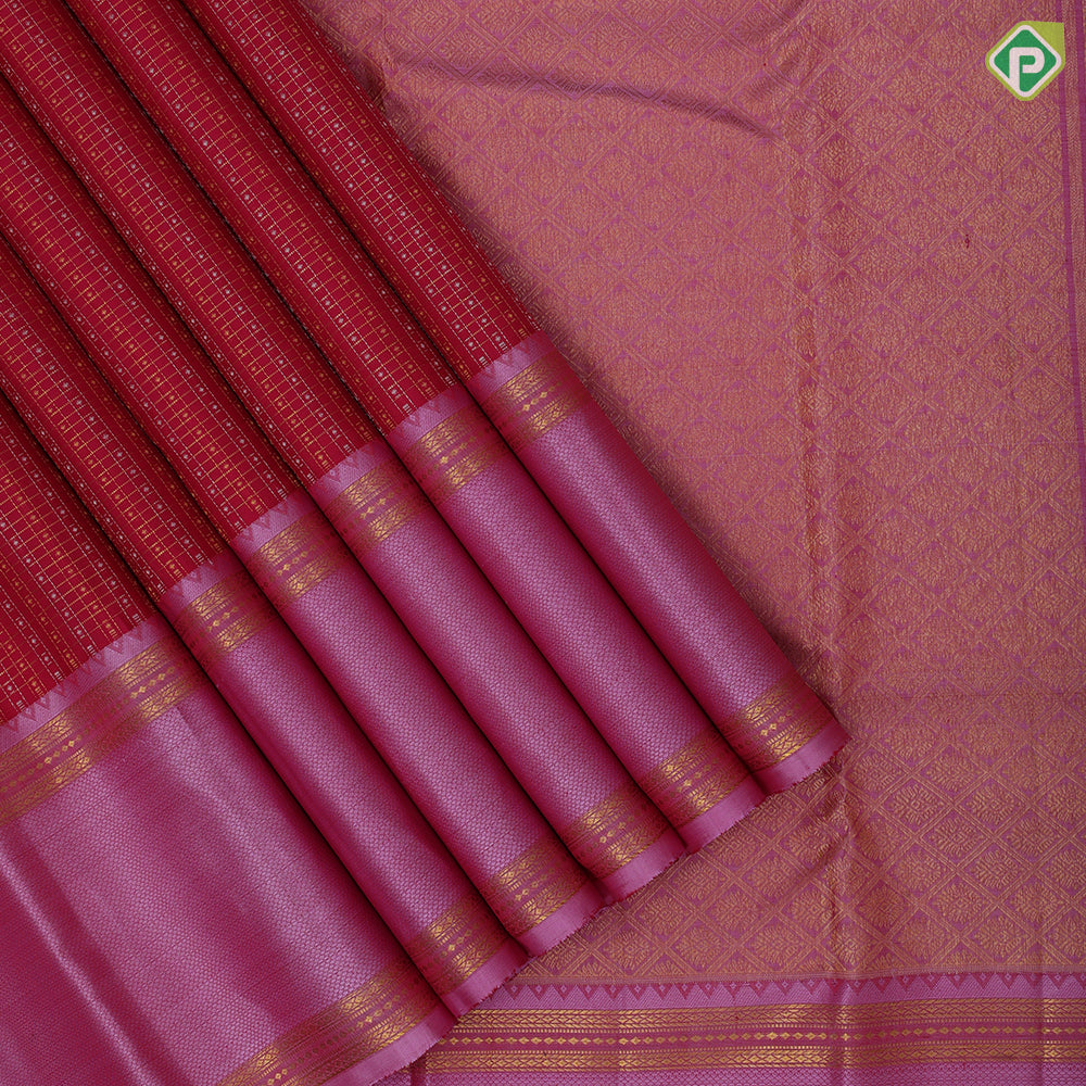 Reddish pink silver gold zari micro diamond checks pale pink gold zari retta pattai border traditional silk saree