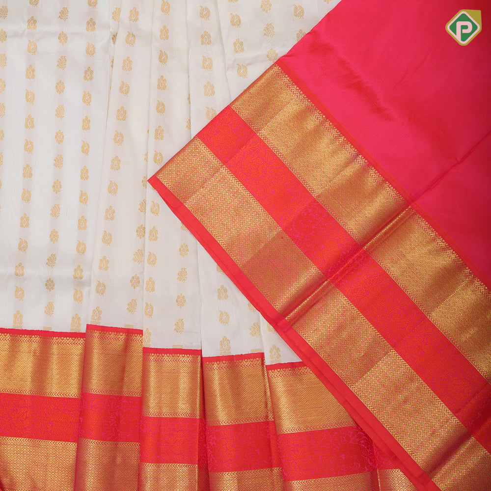 Parrot green gold zari annam and flower butta rani red gold zari diamond border mid meena work pattu paavadai lehanka