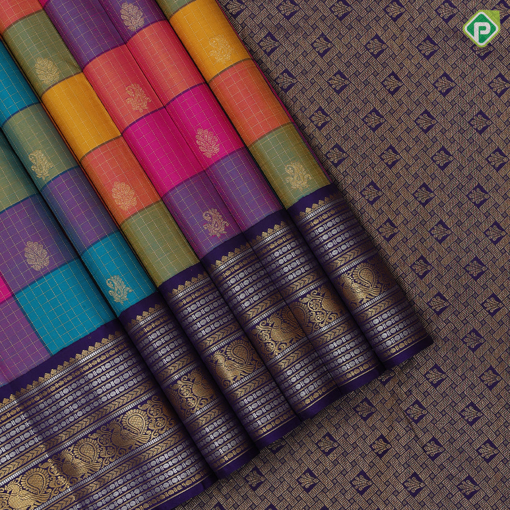Multi color paalum pazhamum design gold zari butta and checks design contrast blue silver gold zari multi lines border traditional silk saree