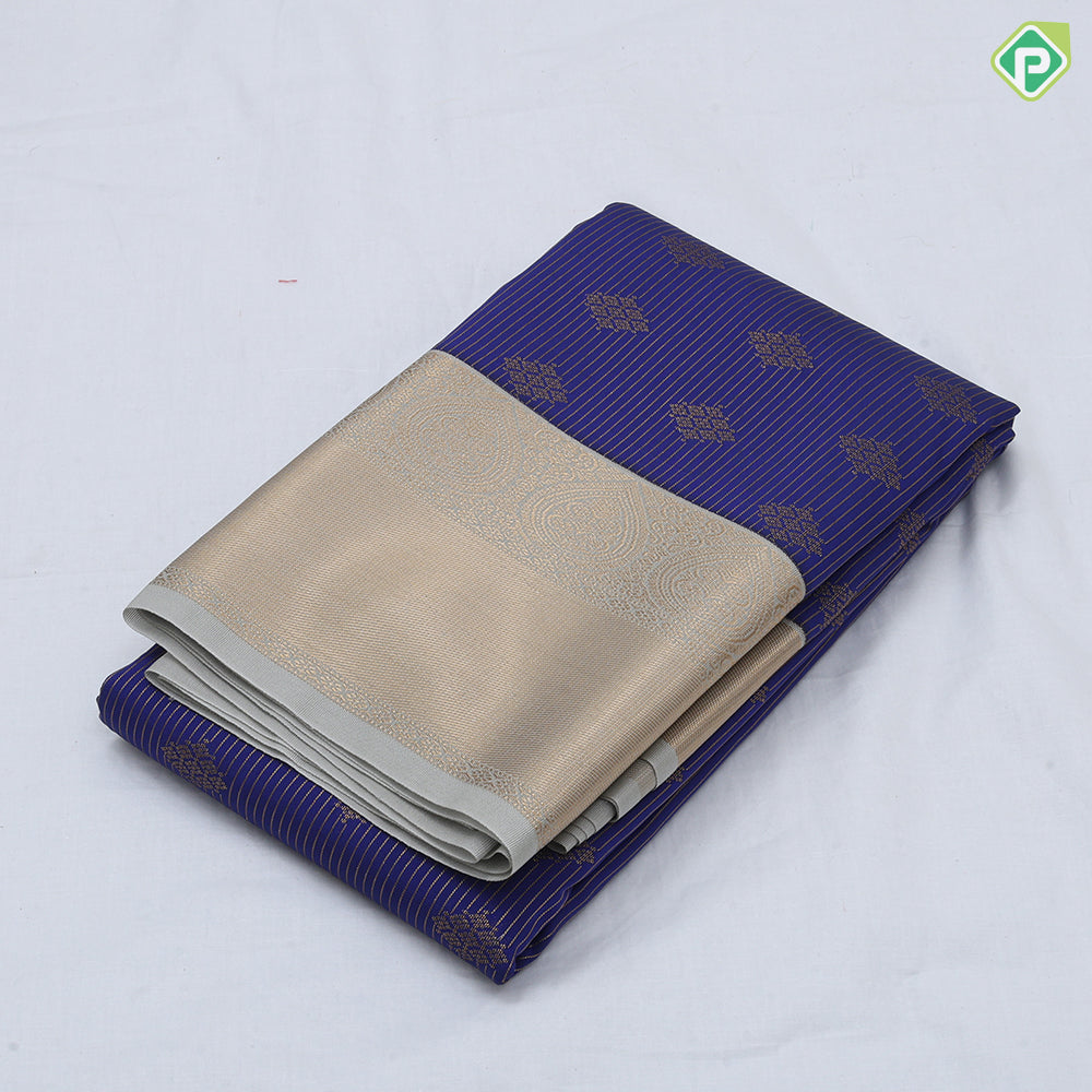 Purple gold zari stripes and square fancy butta design greyish gold zari thilagam butta border art silk saree