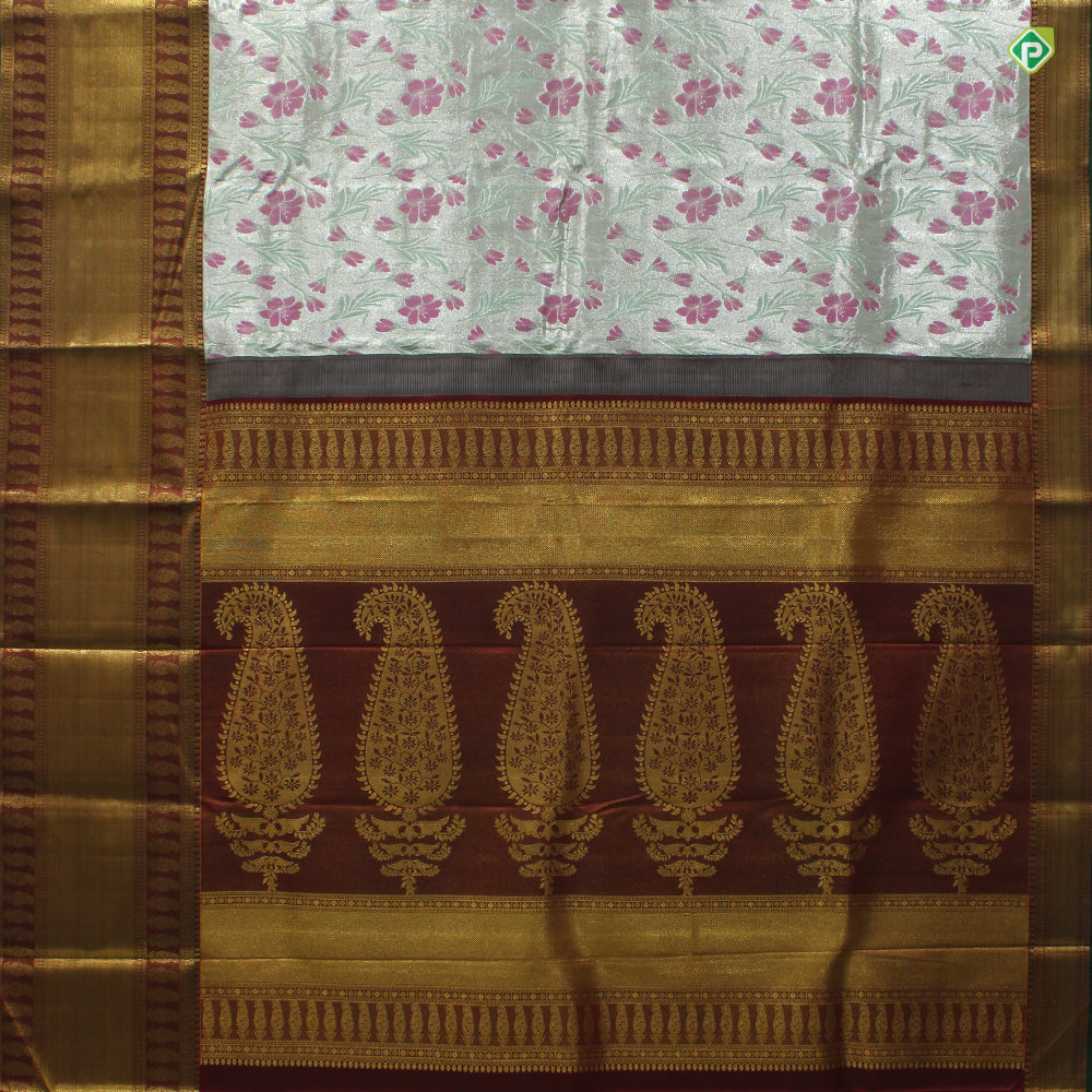 Silver Grey and Brick Red Grand Wedding Silk Saree with Floral Meena Work Motifs