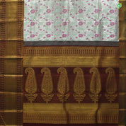 Silver Grey and Brick Red Grand Wedding Silk Saree with Floral Meena Work Motifs