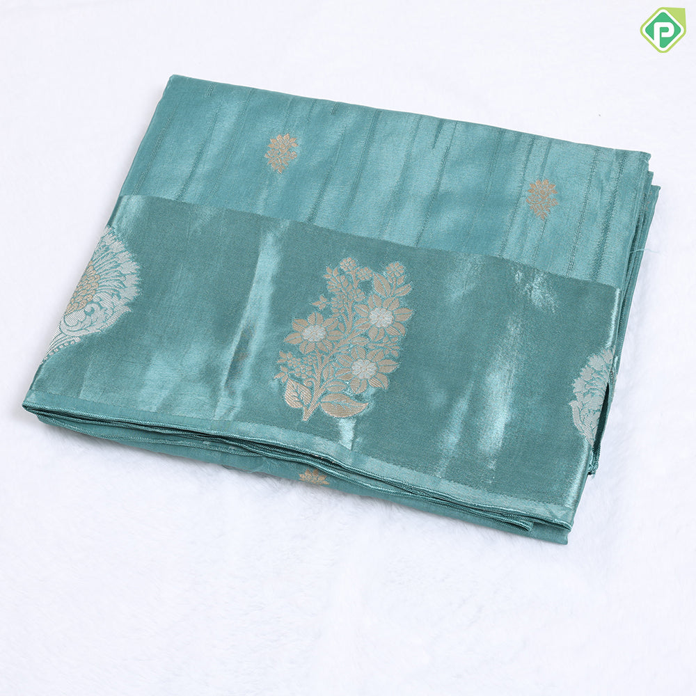 Sea Green With Gold Zari Flower Butta Design Satin Fancy Saree