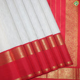 Cream White Gold Zari With Red Flower Design Border Organza Traditional Silk Saree