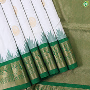 Pure white gold zari peacock butta design contrast green gold zari temple border madisar 10 yards silk saree