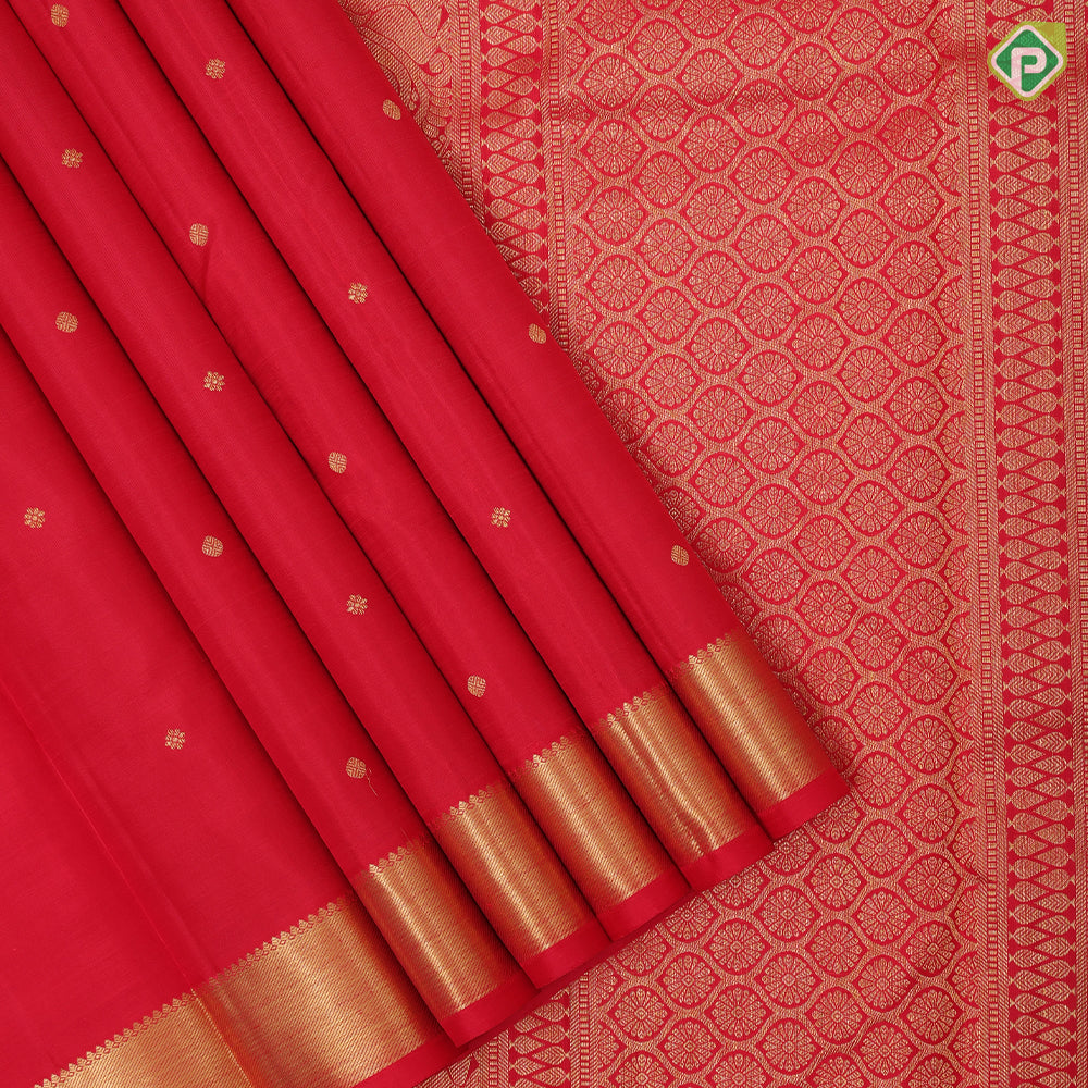 Chilly red gold zari small chakkaram and rudraksham butta self gold zari edge border traditional silk saree