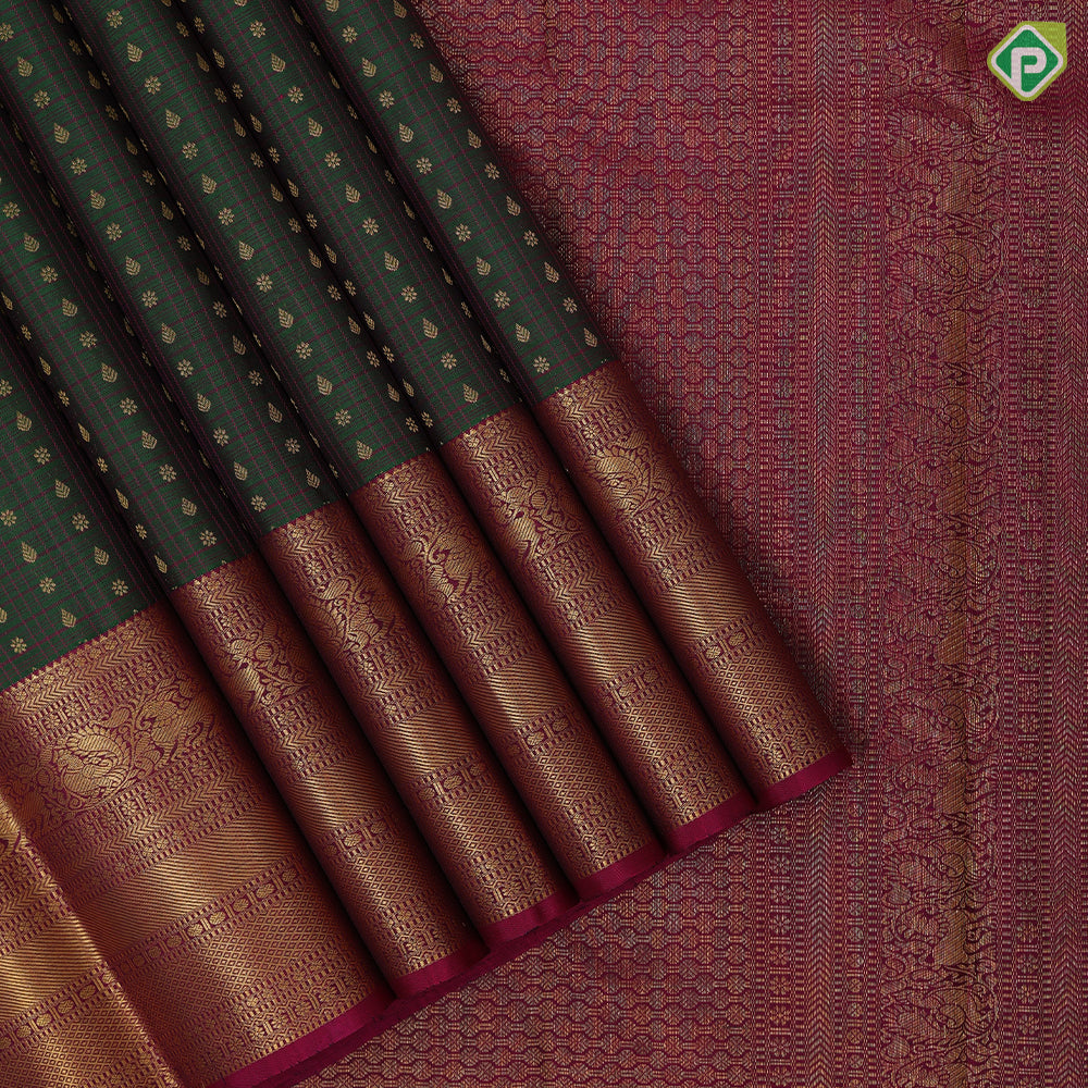 Army green maroon checks gold zari thilagam star butta maroon gold zari yaali design border traditional silk saree