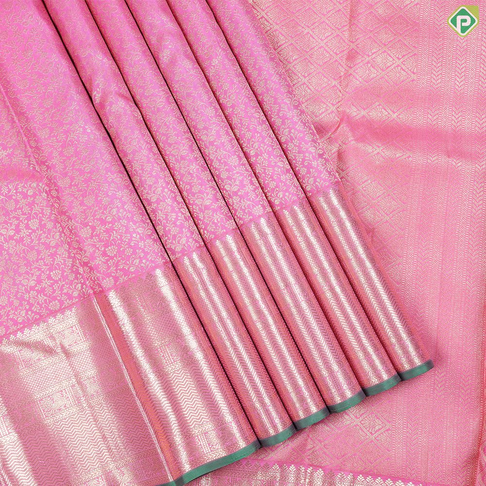 Light Pink With Gold Zari Body Design Self Colour With Green Edge Border Grand Silk Saree