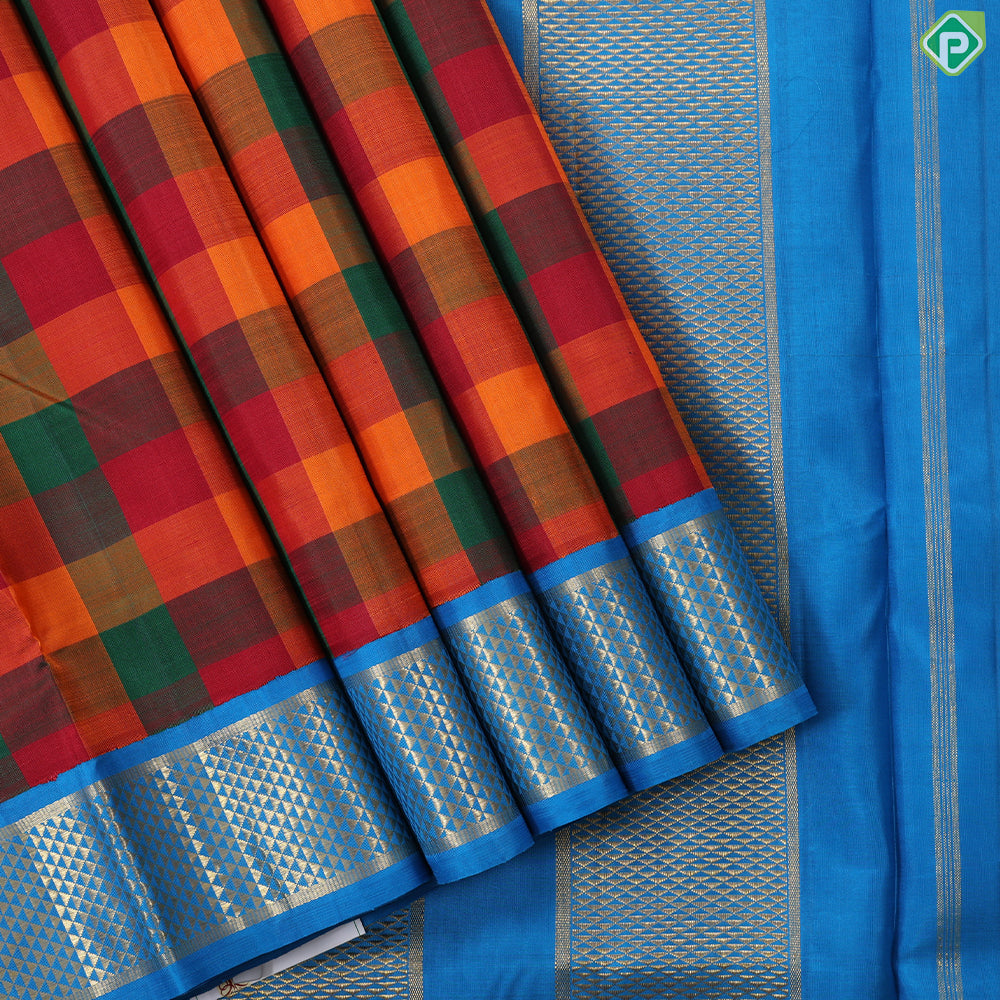 Multi color checkered design contrast electric blue gold zari mayilkan border madisar 10 yards saree