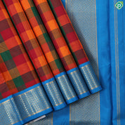Multi color checkered design contrast electric blue gold zari mayilkan border madisar 10 yards saree