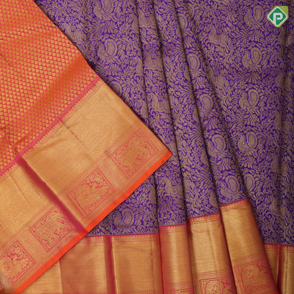 Purple gold zari annam horse floral design pinkish orange gold zari zig zag border pattu paavadai lehanka