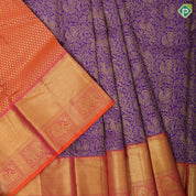 Purple gold zari annam horse floral design pinkish orange gold zari zig zag border pattu paavadai lehanka