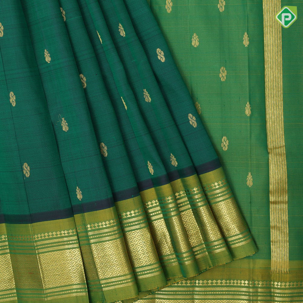Dark green gold zari fancy butta manthulir green gold zari diamond design one side border silk saree