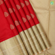 Rani red gold zari leaf butta design cream white gold zari multi design border traditional silk saree