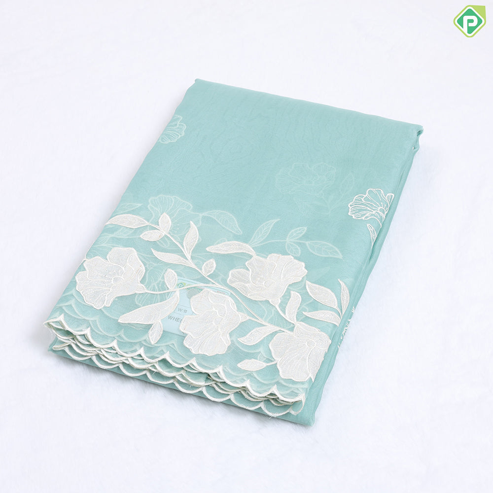 Eliche Green flower with Leaves Butta Embroidered design Semi Organza fancy saree