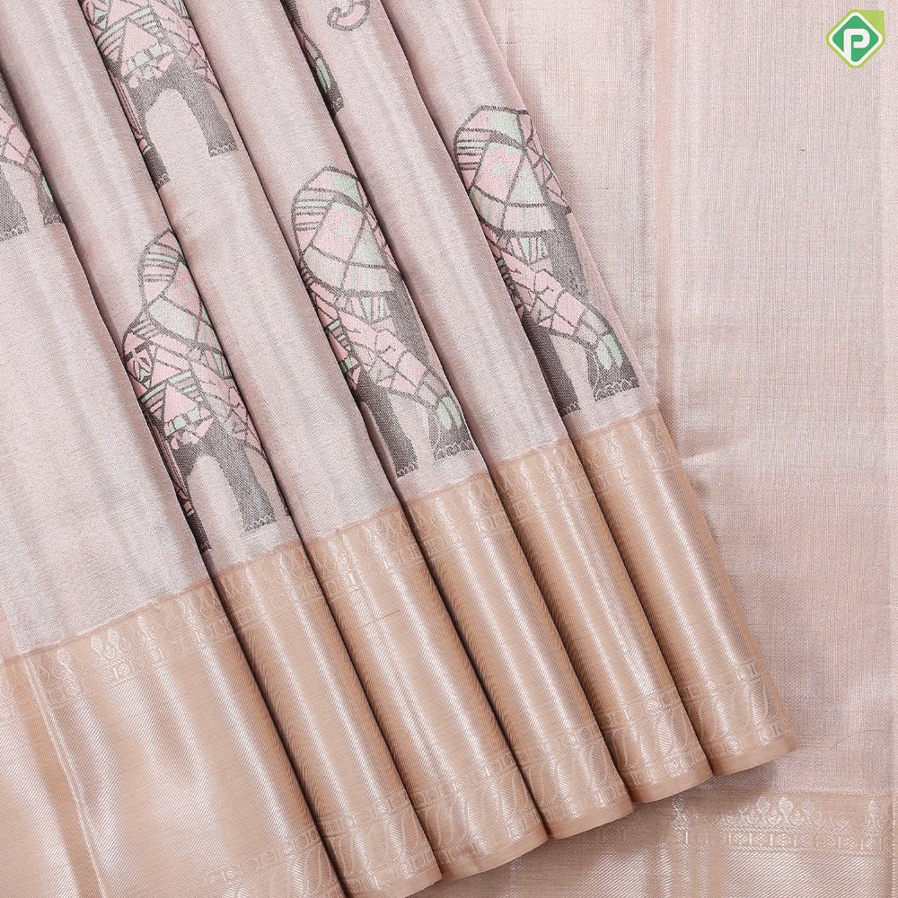 Powder Pink elephant meena work motifs kanjivaram tissue silk saree