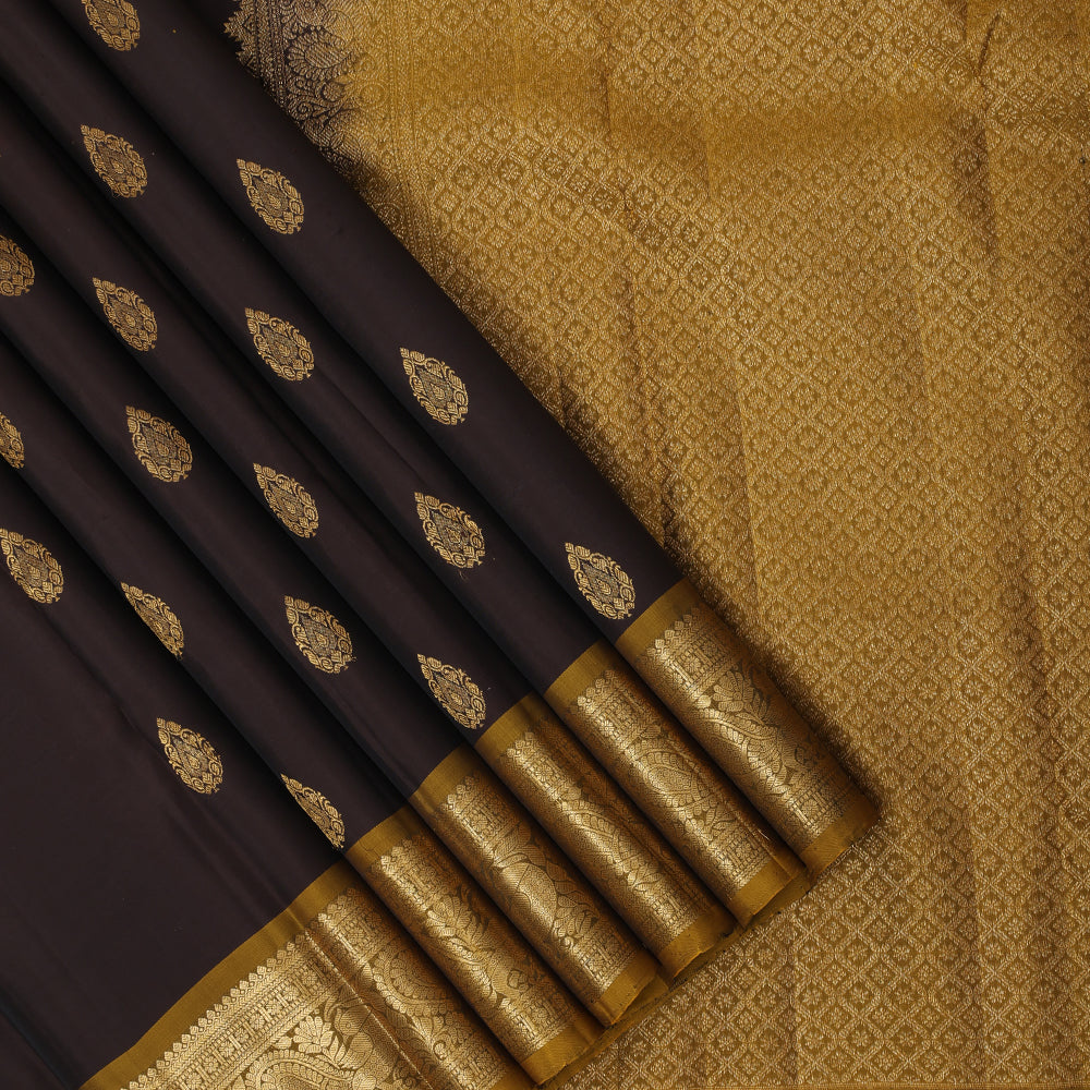 Coffee Brown Gold Zari Thilagam Butta Design Camel Colour Peacock Border Design Pure Mix Silk Saree
