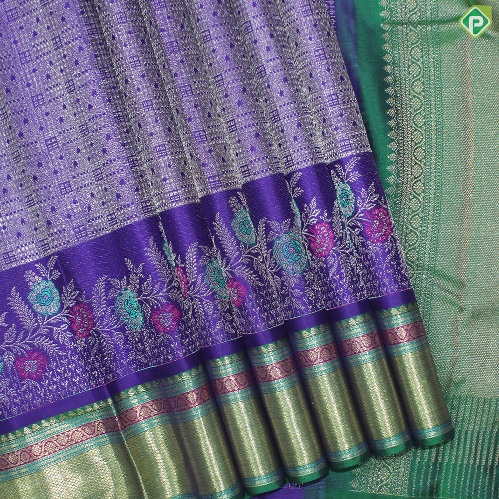 Purple Color Silver Zari With Green Color Mayilkan Design Border Traditional Silk Saree
