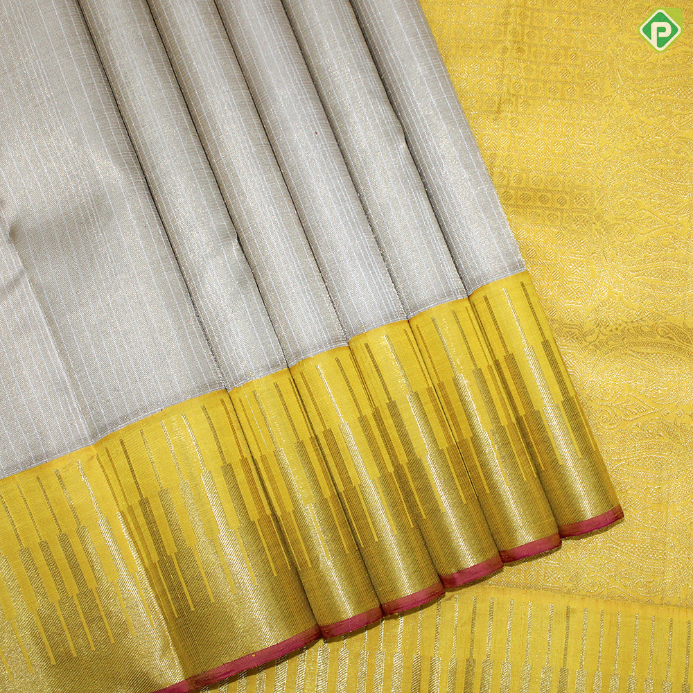 Gray Silver And Gold Zari Tissue With Yellow Temple Design Border Traditional silk saree