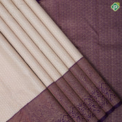 creamy peach silver zari beads stripes violet gold zari mango and floral border traditional silk saree