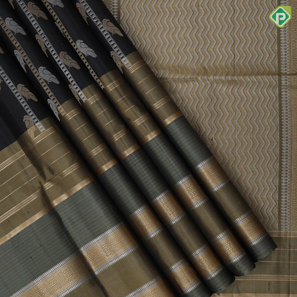 peacock blue silver gold zari bird on ladder design peacock green gold zari lines border soft silk saree