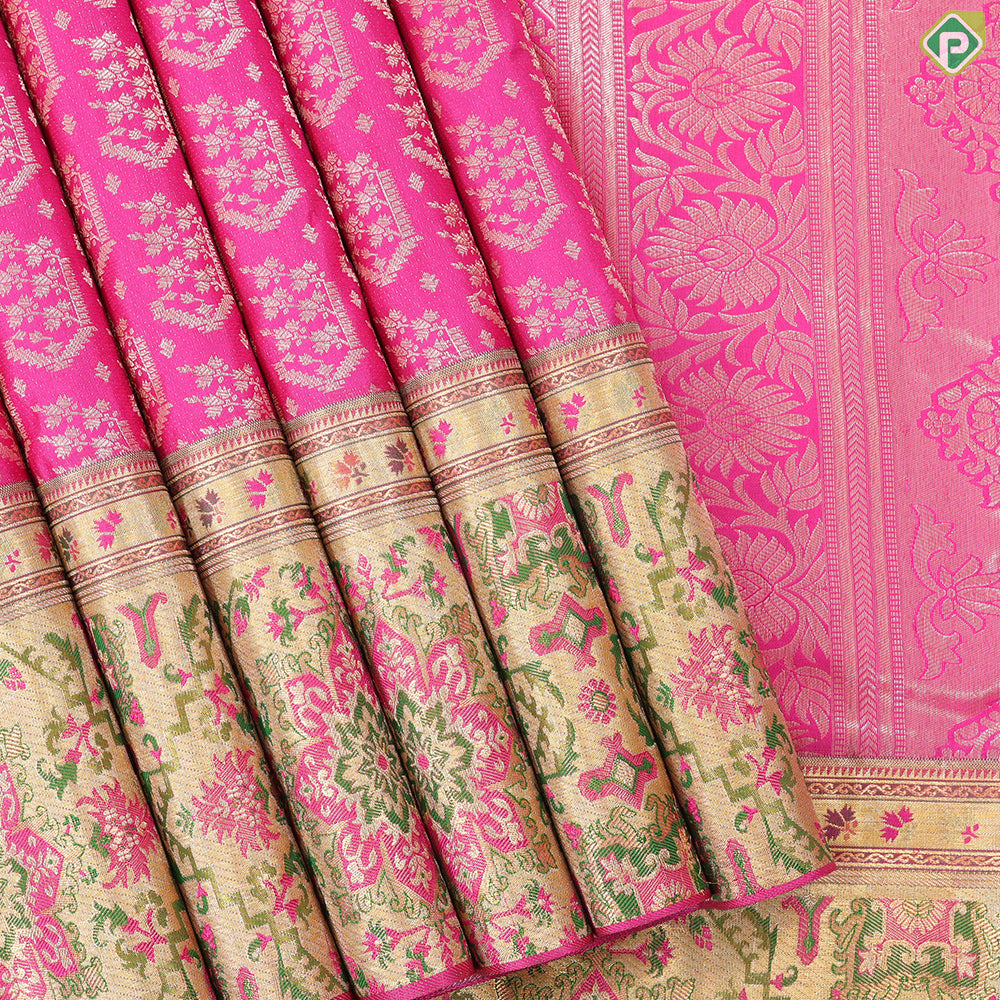Rose pink with fancy butta gold zari pythonic border exclusive wedding silk saree